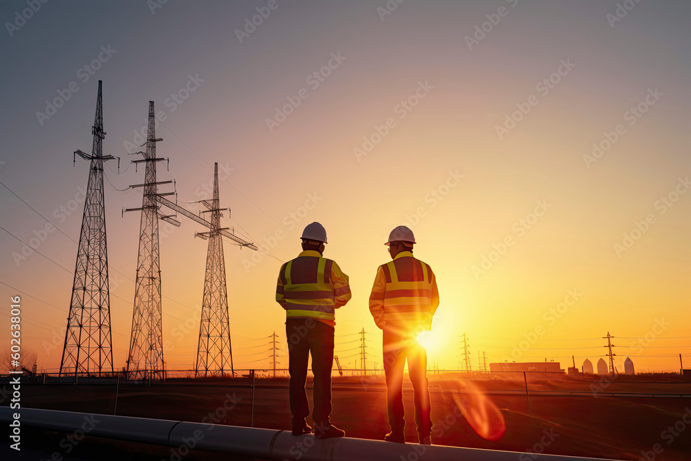 Fototapeta premium Two Unidentified Solar Power Engineers In Backlight At Sunset. Solar park. Alternative energy concept