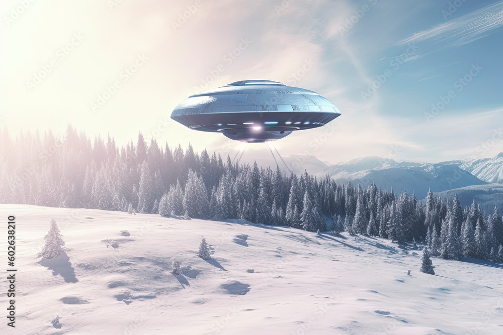 UFO, alien saucer hovering over the winter landscape in the sky. Unidentified flying object UFO, alien saucer hovering over the winter landscape in the sky. Unidentified flying object