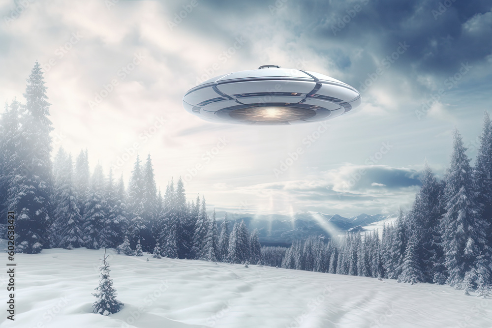 Naklejka premium UFO, alien saucer hovering over the winter landscape in the sky. Unidentified flying object