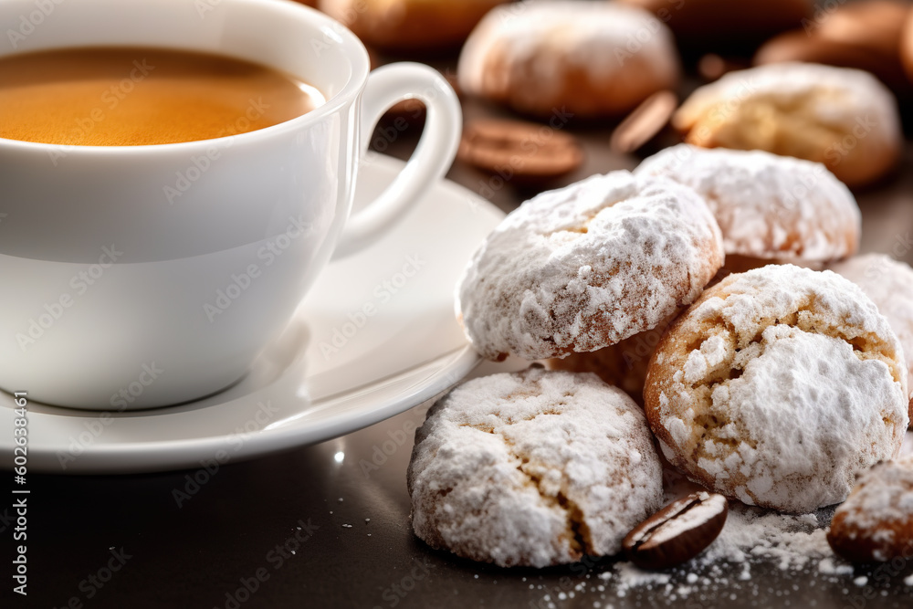 A cup of coffee next to a pile of doughnuts. Generative AI. A cup of coffee next to a pile of doughnuts. Generative AI.