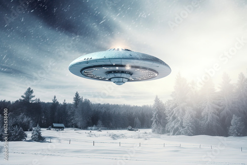 UFO  alien saucer hovering over the winter landscape in the sky. Unidentified flying object