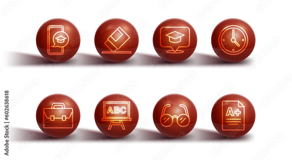 Set line Graduation cap on mobile, Briefcase, Clock, Glasses, Chalkboard, Eraser or rubber, Exam sheet with A plus grade and in speech bubble icon. Vector Set line Graduation cap on mobile, Briefcase, Clock, Glasses, Chalkboard, Eraser or rubber, Exam sheet with A plus grade and in speech bubble icon. Vector