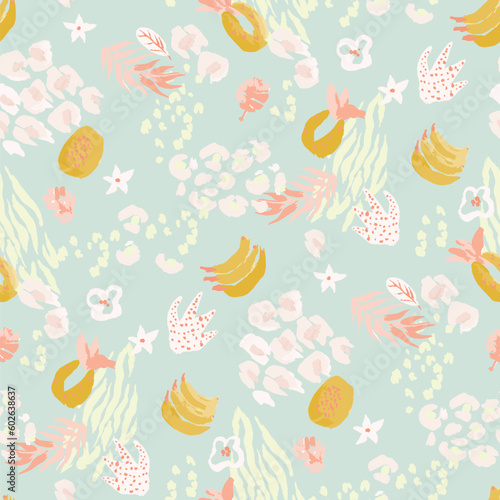 Bright, juicy seamless pattern of abstract shapes, fruits, citrus lemons, oranges and anans. Bright modern colors of tropical background.