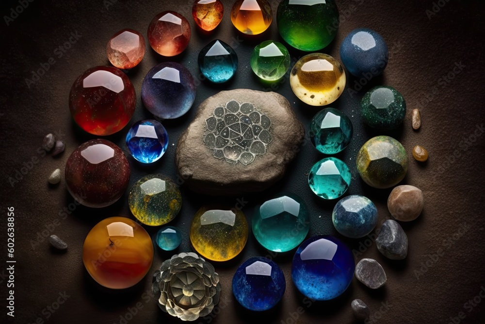 Chakra healing stones, chakra crystals, stones that connect to primary seven chakras in human body. 7 colored chakra crystal. AI generative - obrazy, fototapety, plakaty 