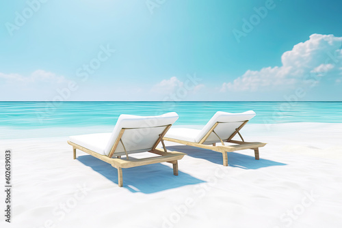 Two Wooden White Deckchairs on Idyllic Tropical Beach with Turquoise Ocean. AI generative