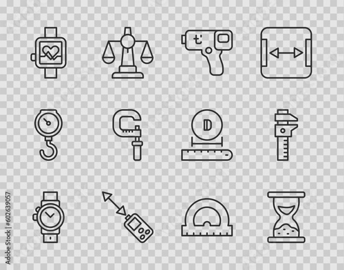 Set line Wrist watch, Old hourglass with sand, Digital thermometer, Laser distance measurer, Smart, Micrometer, Protractor and Calliper caliper scale icon. Vector