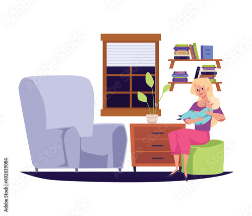 Mother rocking baby, child sleeping on hands - flat vector illustration isolated on white background.