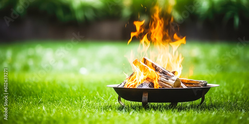 A portable fireplace with bright burning fire woods against grass background. Generative AI. 