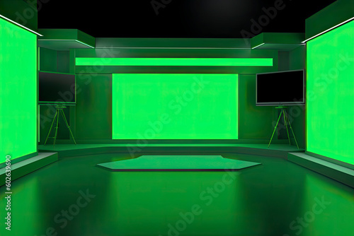 VirtualTV Studio Set. green screen background. 3d Rendering Virtual set studio for chroma footage