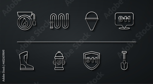 Set line Ringing alarm bell, Fire boots, Emergency call 911, hydrant, hose reel, shovel and cone bucket icon. Vector