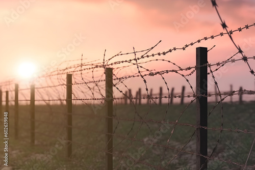 Barbed wire fence with Twilight sky to feel Silent and lonely and want freedom. Neural network AI generated art Generative AI photo