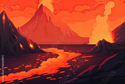 Volcanic eruption illustration. Hot molten lava landscape