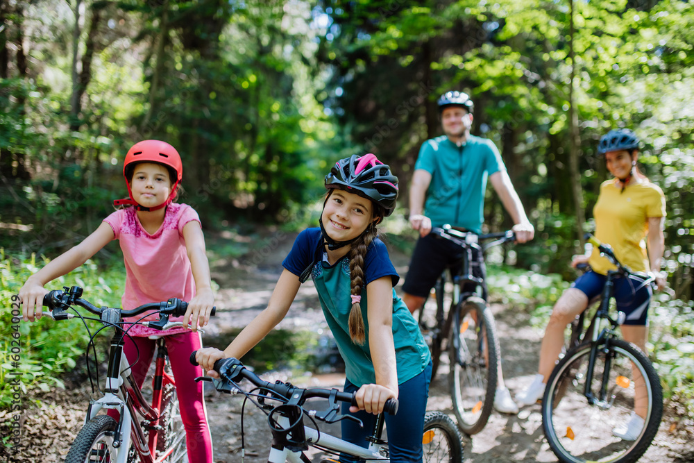 Fototapeta premium Young family with little children at bike trip together in nature.