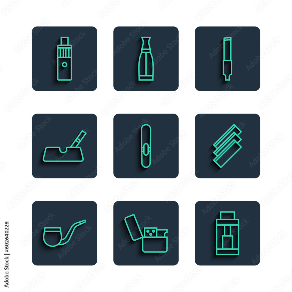 Set line No pipe smoking, Lighter, Vape mod device, Cigarette, Ashtray with cigarette, and rolling papers icon. Vector Set line No pipe smoking, Lighter, Vape mod device, Cigarette, Ashtray with cigarette, and rolling papers icon. Vector
