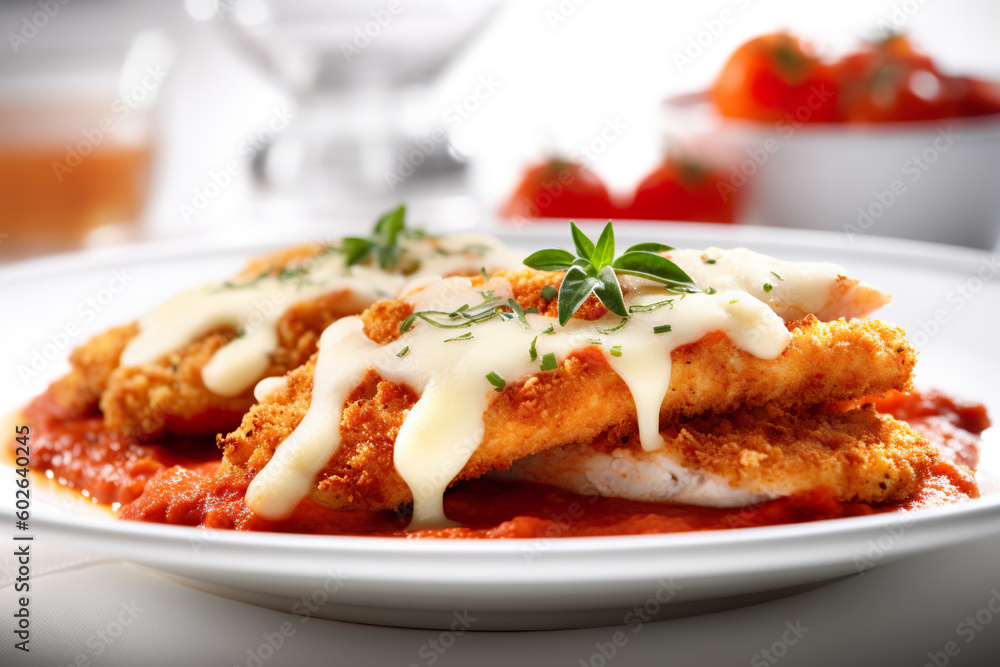 Chicken Parmesan, breaded chicken cutlet with tomato sauce and mozzarella cheese. Generative AI. Chicken Parmesan, breaded chicken cutlet with tomato sauce and mozzarella cheese. Generative AI.