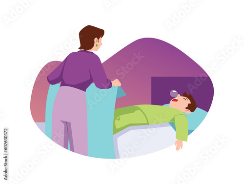 Mother covers sleeping boy with blanket, flat vector illustration isolated on white background.