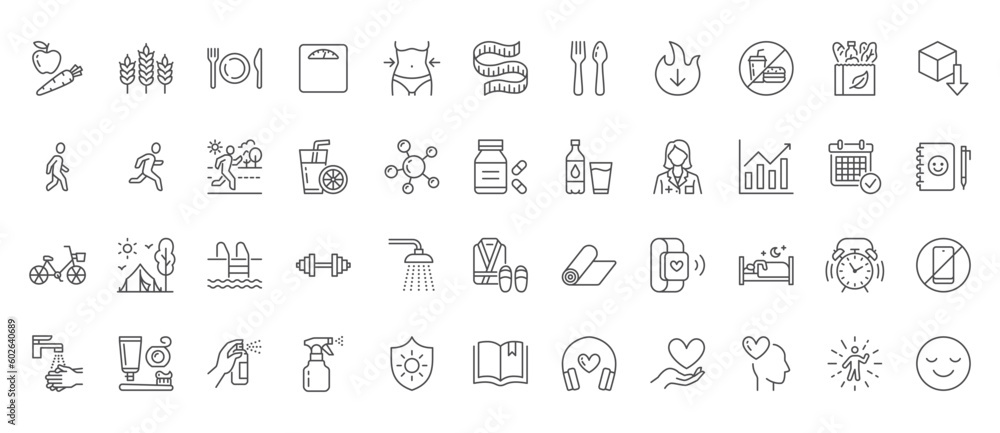 Healthy lifestyle line icons set. Active life - organic food, nutrition, running, jogging, time management, scales, bicycle, hiking vector illustration. Outline signs for good habits. Editable Stroke - obrazy, fototapety, plakaty 