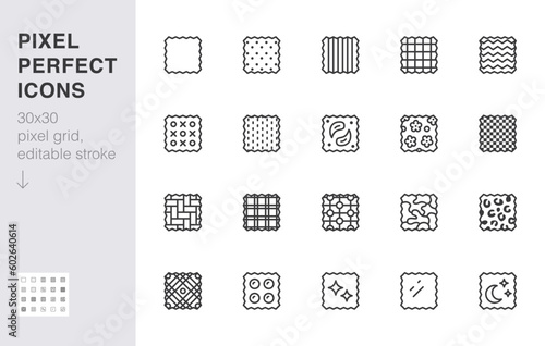 Fabric pattern line icon set. Checkered, flannel, geometric, tartan, polka dot, khaki minimal vector illustration. Simple outline sign for clothing decor swatch. 30x30 Pixel Perfect, Editable Stroke