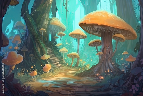 Watercolor and oil fantasy forest landscape, magic trees, mushrooms, glowing