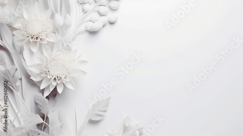 White flowers on a white background with copy space. Created with Generative AI tools.