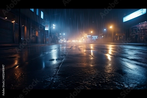 Wet asphalt, reflection of neon lights, a searchlight, smoke. Abstract light in a dark empty street with smoke