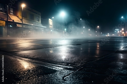 Wet asphalt, reflection of neon lights, a searchlight, smoke. Abstract light in a dark empty street with smoke © rufous