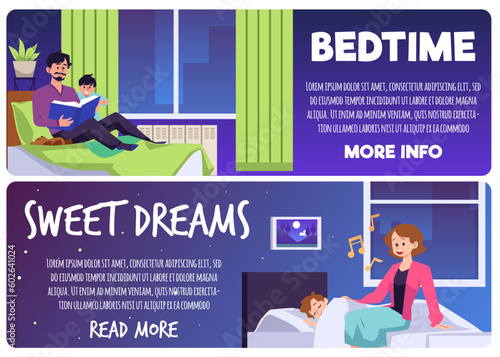 Bedtime and sweet dreams banners or flyers set, flat vector illustration.