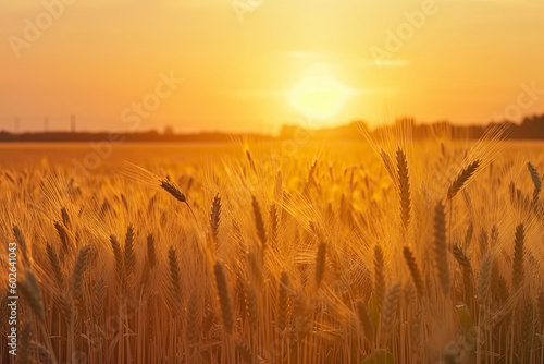 Wheat grain ear and rye field on yellow sunset sky background.
