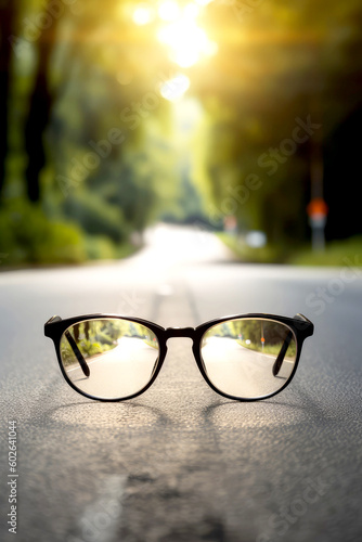 clear image of a road leading to a source of light behind an eyeglasses, with blur background, ai © Fatih Nizam