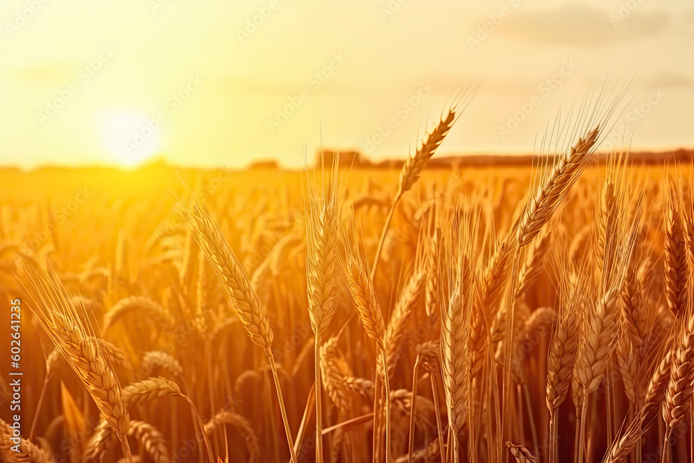 Wheat grain ear and rye field on yellow sunset sky background.