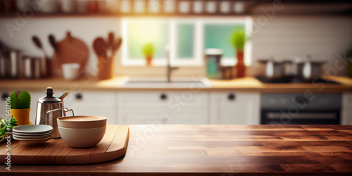 Wallpaper Mural Empty display table, display of your product. Defocused image of a kitchen. Mocap. Torontodigital.ca