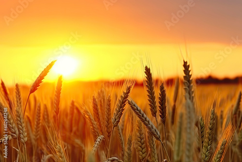 Wheat grain ear and rye field on yellow sunset sky background.