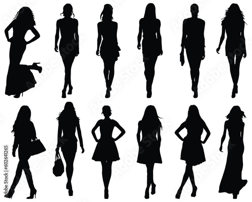 Silhouettes of fashion girls on white background