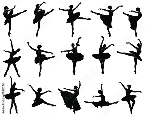 Black silhouettes of ballerinas on white background