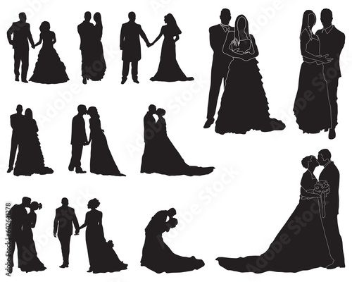 Black silhouettes of newlyweds on white background 