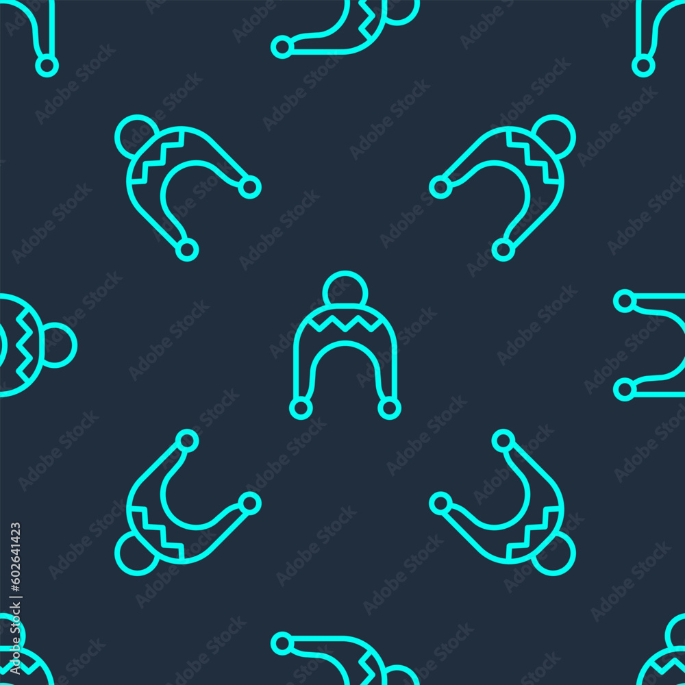 Green line Winter hat icon isolated seamless pattern on blue background. Vector