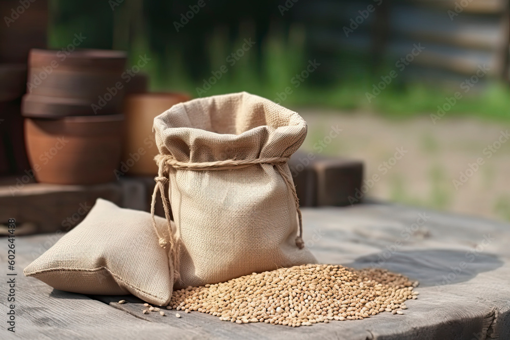 wheat grains in burlap sack on table outdoors