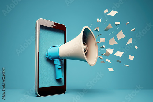 Cell phone and megaphone, megaphone on mobile phone screen, blue background, Generative AI	
 photo