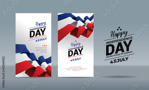 Illustration waving ribbon on gradation background. greeting Happy 4 July United State of America Independence Day - Stories Social Media Post Template