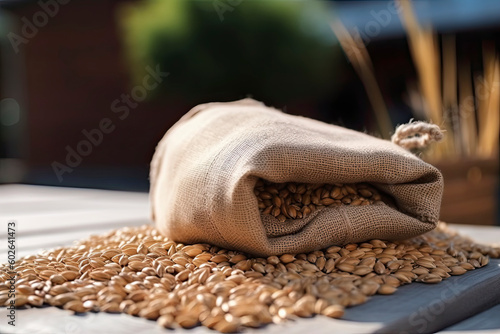 wheat grains in burlap sack on table outdoors