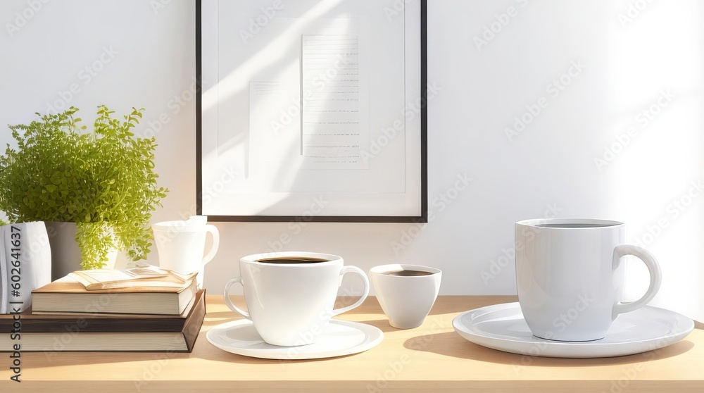 Breakfast still life scene. Cup of coffee, books and empty picture frame mockup on wooden desk, table. Elegant working space with Generative Ai Technology. Breakfast still life scene. Cup of coffee, books and empty picture frame mockup on wooden desk, table. Elegant working space with Generative Ai Technology.