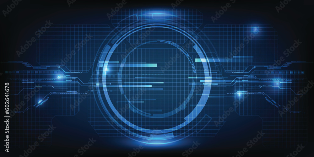 Fototapeta premium Vector illustrations of futuristic screen display for horizontal layout showcase with optic screen and digital element grid line circuit decor.Future digital innonvation and technolog concepts.