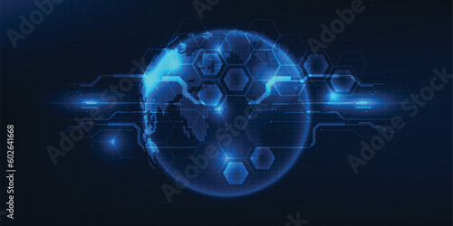 Vector illustrations of glowing hi tech globe with futuristic digital circuit line and glowing dots.Future tech and digital innovation technology design concepts.