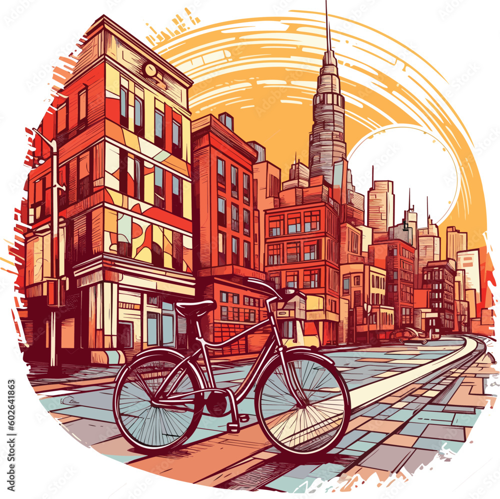 Bicycle in the city cartoon illustration