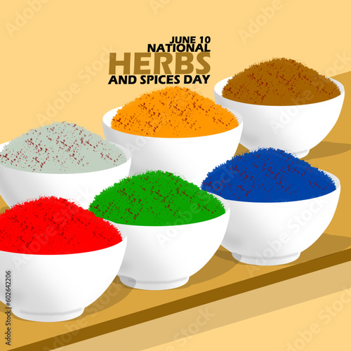 Several white bowls containing powdered herbs and spices arranged on a wooden plate with bold text on light brown background to celebrate National Herbs and Spices Day on June 10