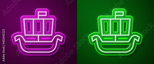 Glowing neon line Ancient viking scandinavian drakkar icon isolated on purple and green background. Viking transport ship. Vector