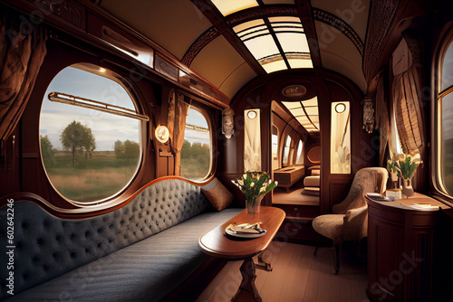 Interior of luxury train carriage, old-fashioned. Abstract illustration. © serperm73