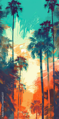 A painting of palm trees in a tropical setting. Generative AI.