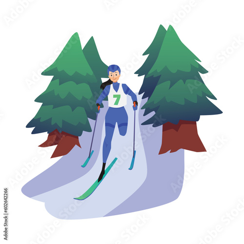 Happy disabled woman athlete goes skiing flat style, vector illustration