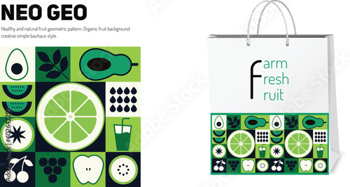 Neo Geo pattern from Organic fruit geometric shapes. fruit geometric mosaic background. Natural green organic fruit vegetable pattern bauhaus style. agriculture Vector illustration